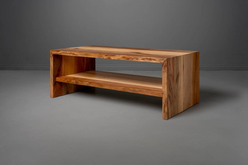 Handcrafted sustainable solid wood coffee table with a modern, minimalist design and lower shelf for storage or display.
