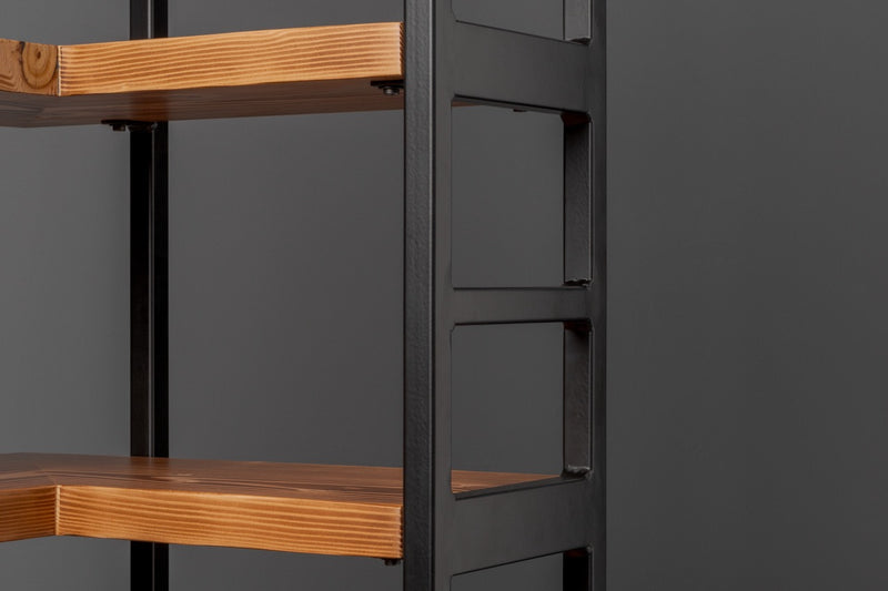 Close-up of handcrafted corner bookshelf with sustainable solid wood shelves and sturdy black frame design