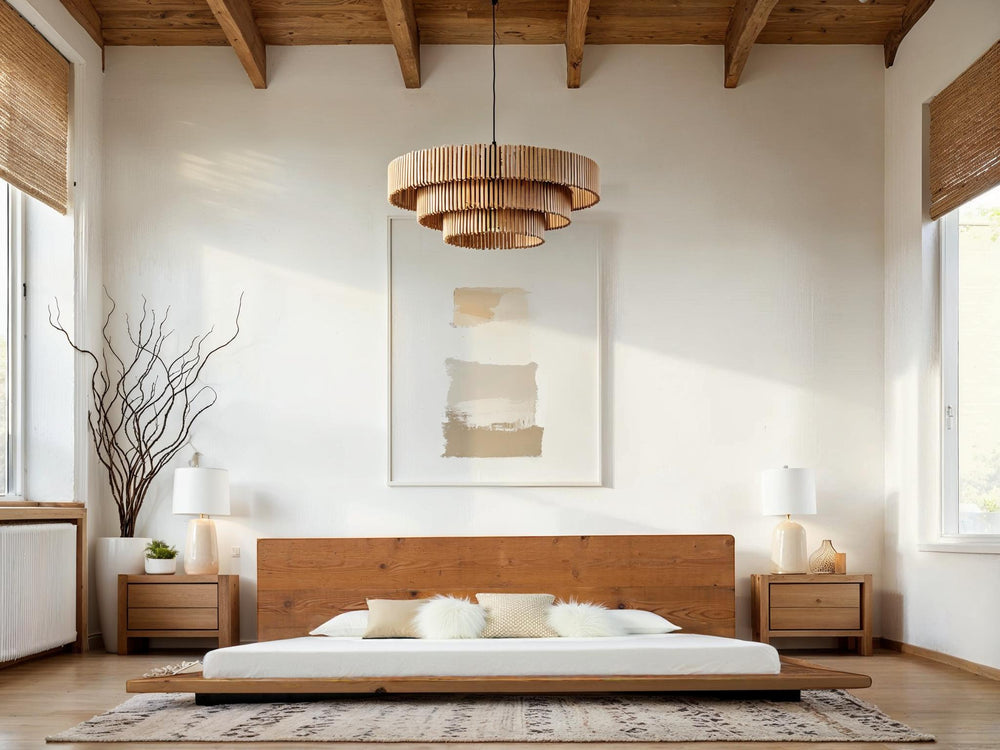 Handcrafted sustainable solid wood low-profile bed frame in a bright minimalist bedroom with natural light and modern decor