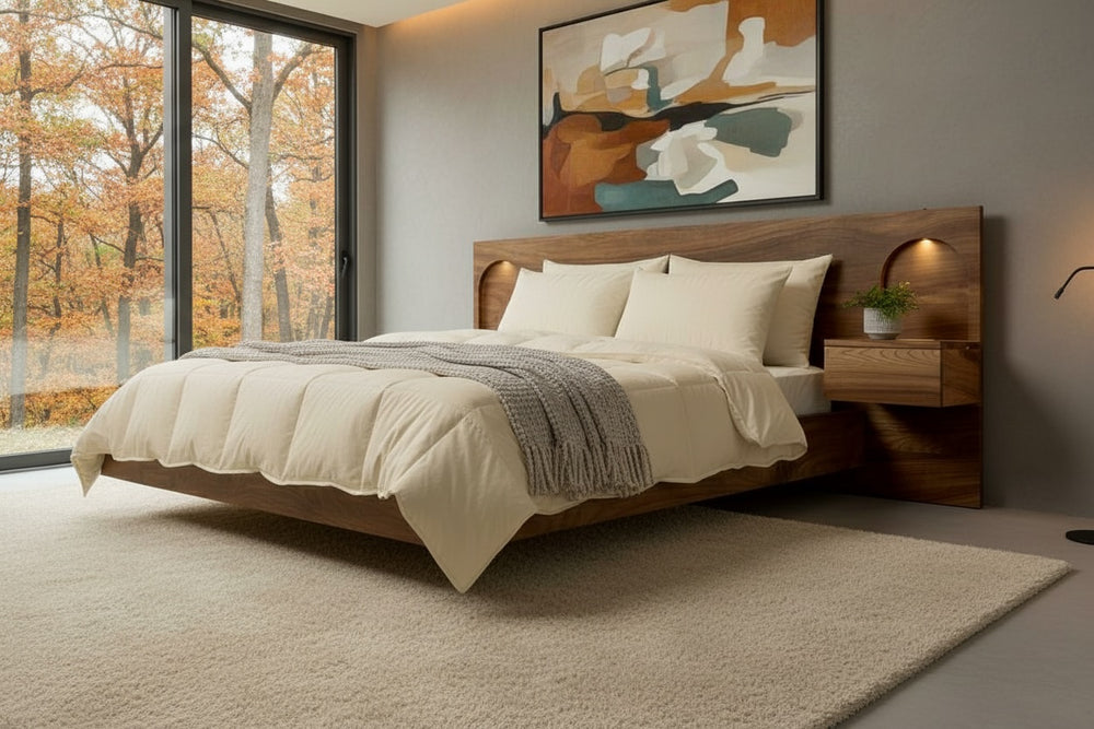 Custom handcrafted floating wooden bed frame with built-in drawers in a serene modern bedroom setting.