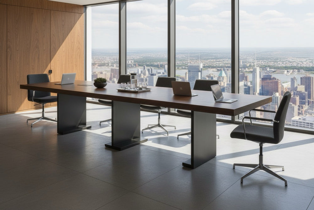 Handcrafted sustainable solid wood conference table in a modern office overlooking a city skyline with natural light.