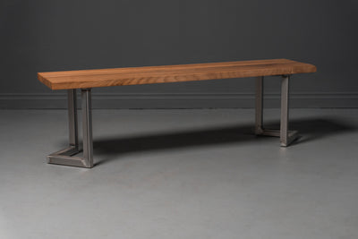 Wooden bench with detailed steel-frame and leg design