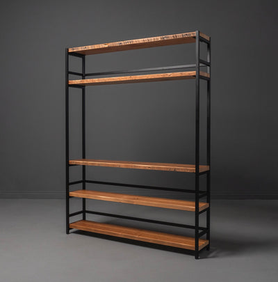 Custom-designed five-layer wooden shelves with metal frames