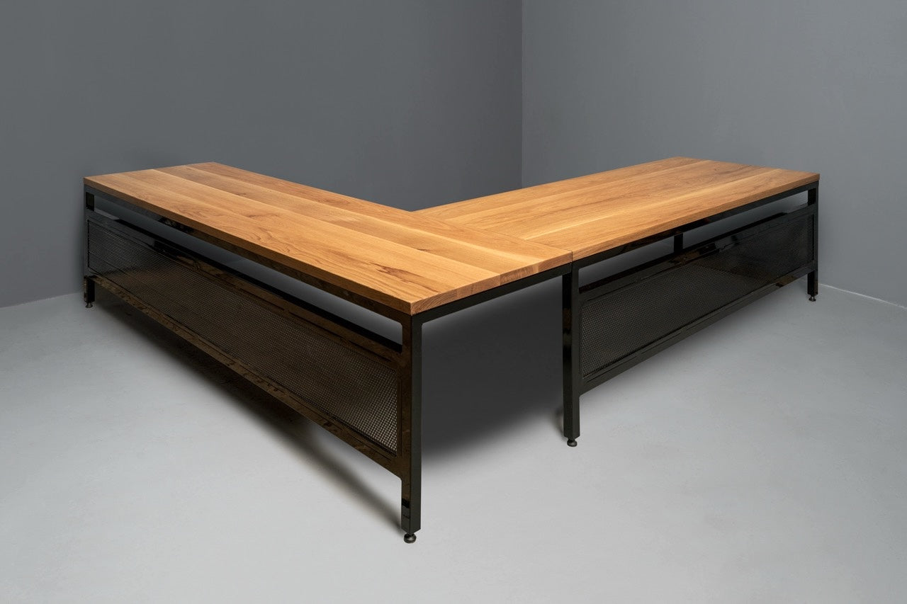The Neal L-Shaped Hardwood Desk with Modesty Panel