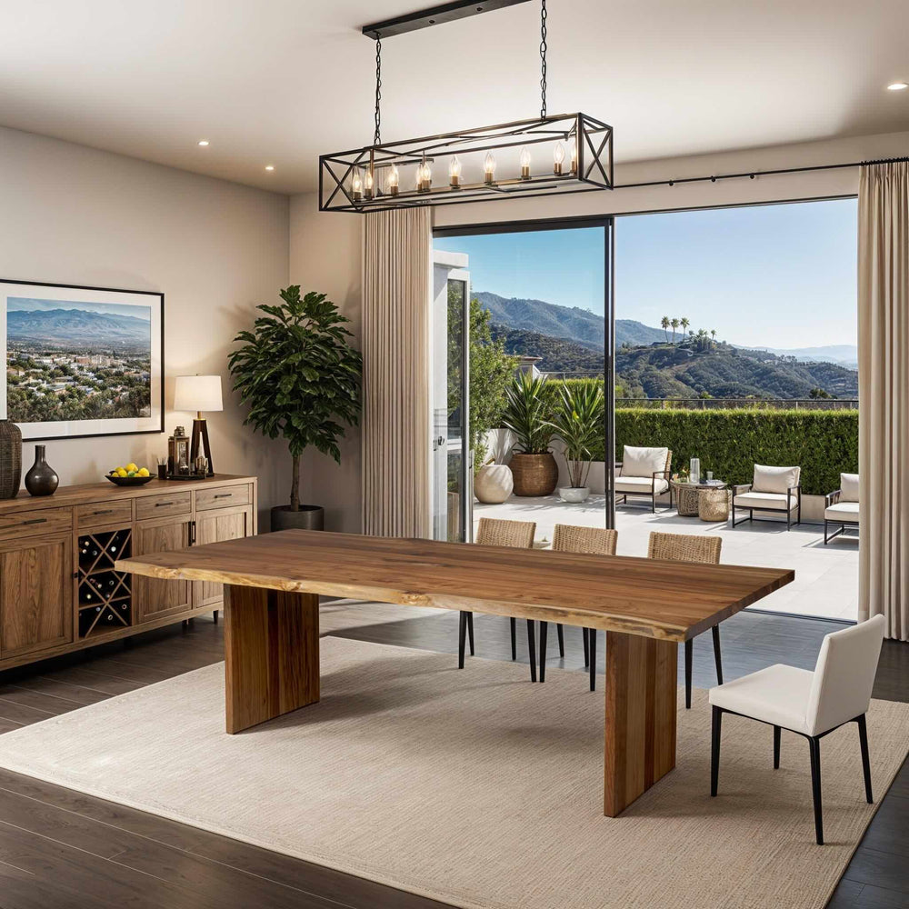 Handcrafted sustainable solid wood dining table in a modern bright room with scenic mountain views and minimalist decor