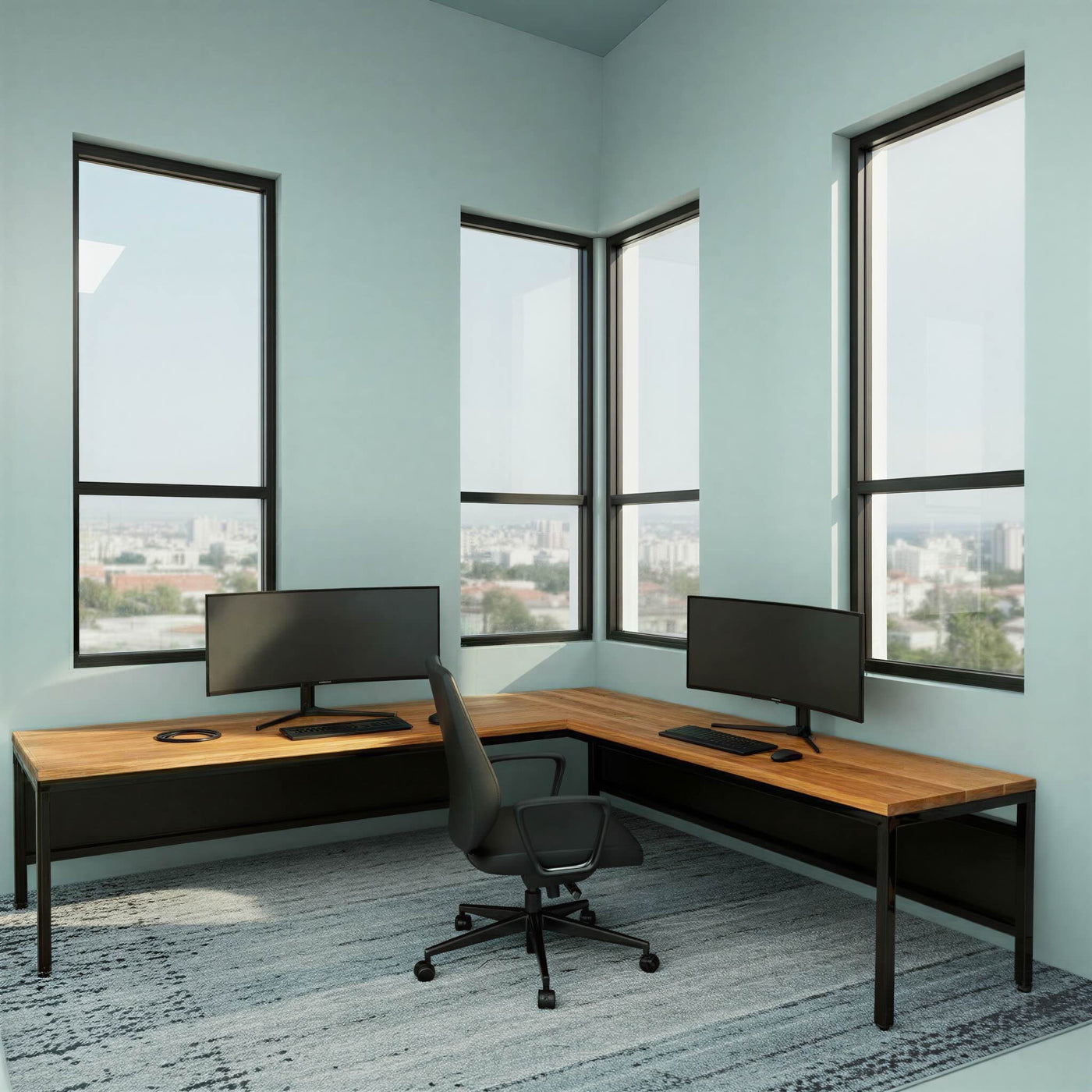 The Neal L-Shaped Hardwood Desk with Modesty Panel