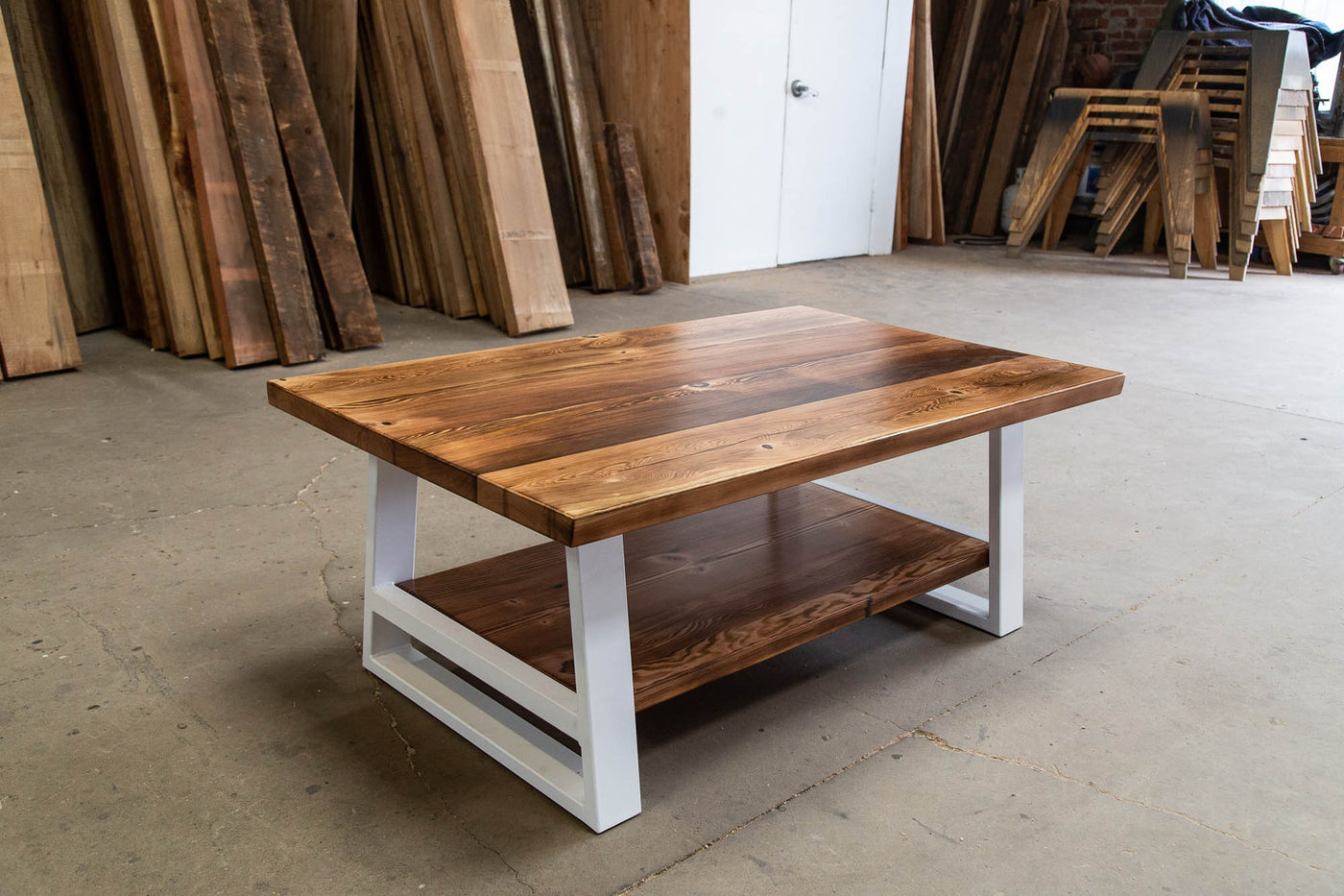 Coffee table made from natural wood and metal frames