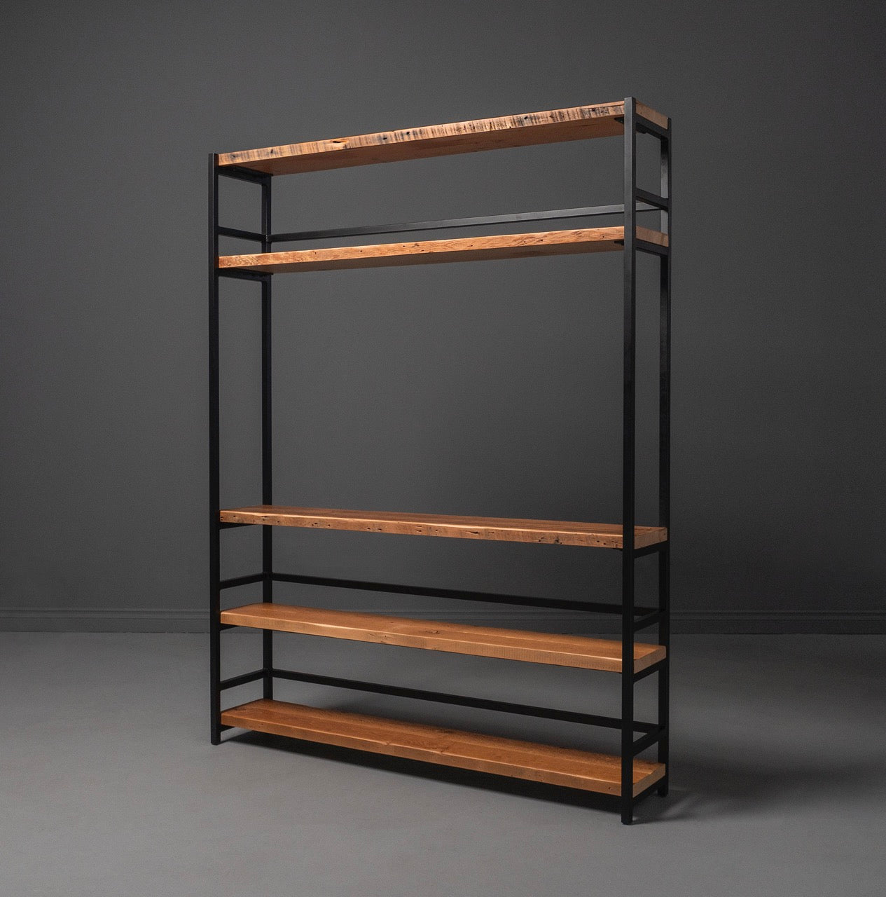 Custom-designed five-layer wooden shelves with metal frames